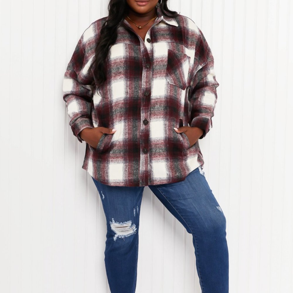 Zenana Autumn Evening Full Size Plaid Longline Shacket in Burgundy - Picture 3 of 9